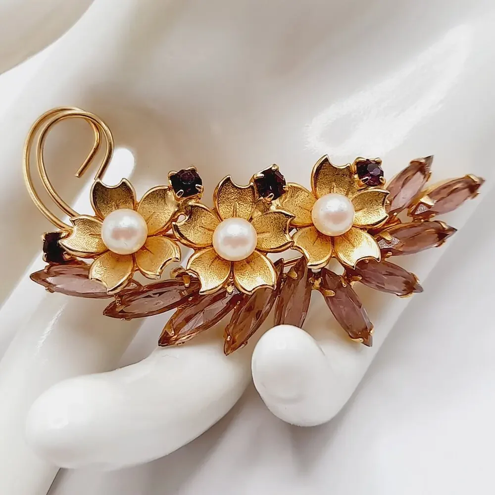 Vintage Floral Brooch, Faux Pearl Flowers, Open Back Rhinestones, 2 1/2